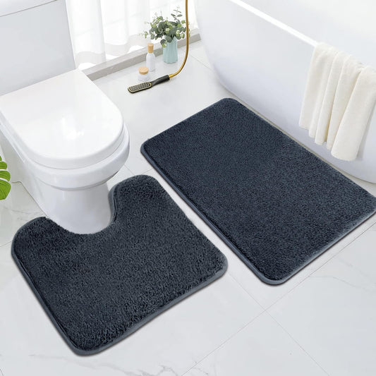 Rururug 2-Piece Bathroom Rug Set, Soft Microfibre Bathroom Mat and Toilet Rug with Cut-Out, Non-Slip Bath Mat, Washable, Grey, 50 x 80 cm + 50 x 40 cm