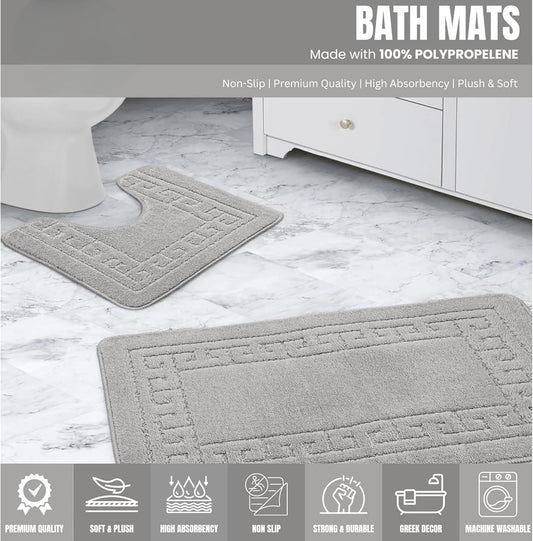 Paradise Products Greek Style Bath Mat Set 2-Piece | Non-Slip Bathroom Mats, Shower Mat & Pedestal Mat | Soft Washable Quick-Dry Bath Mats for Bathroom Floor | Anti-Mould Bath Rug Set (Silver)