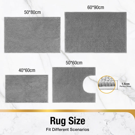 HITSLAM Chenille Bath Mat Non Slip Anti Mould, 60x40cm Ultra Soft Bathroom Mat, Super Absorbent Bath Mats for Bathroom, Machine-Washable Quick Dry Bath Foot Mat, Bath Rug for Shower and Tub, Grey