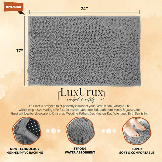 LuxUrux Bath Mat - AS-SEEN-ON-TV - Extra-Soft Plush Bath Shower Bathroom Rug, 1'' Chenille Microfiber Material, Super Absorbent Shaggy Bath Rug (Light Grey, 42 x 60 cm)