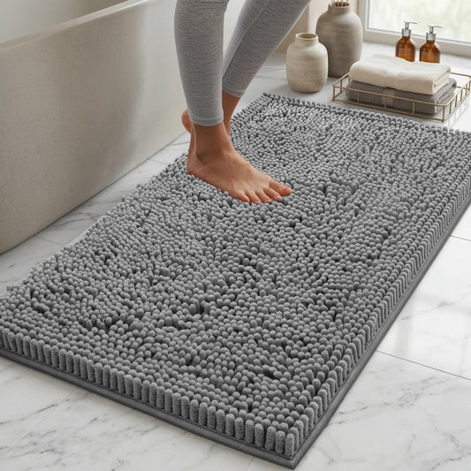 LuxUrux Bath Mat - AS-SEEN-ON-TV - Extra-Soft Plush Bath Shower Bathroom Rug, 1'' Chenille Microfiber Material, Super Absorbent Shaggy Bath Rug (Light Grey, 42 x 60 cm)