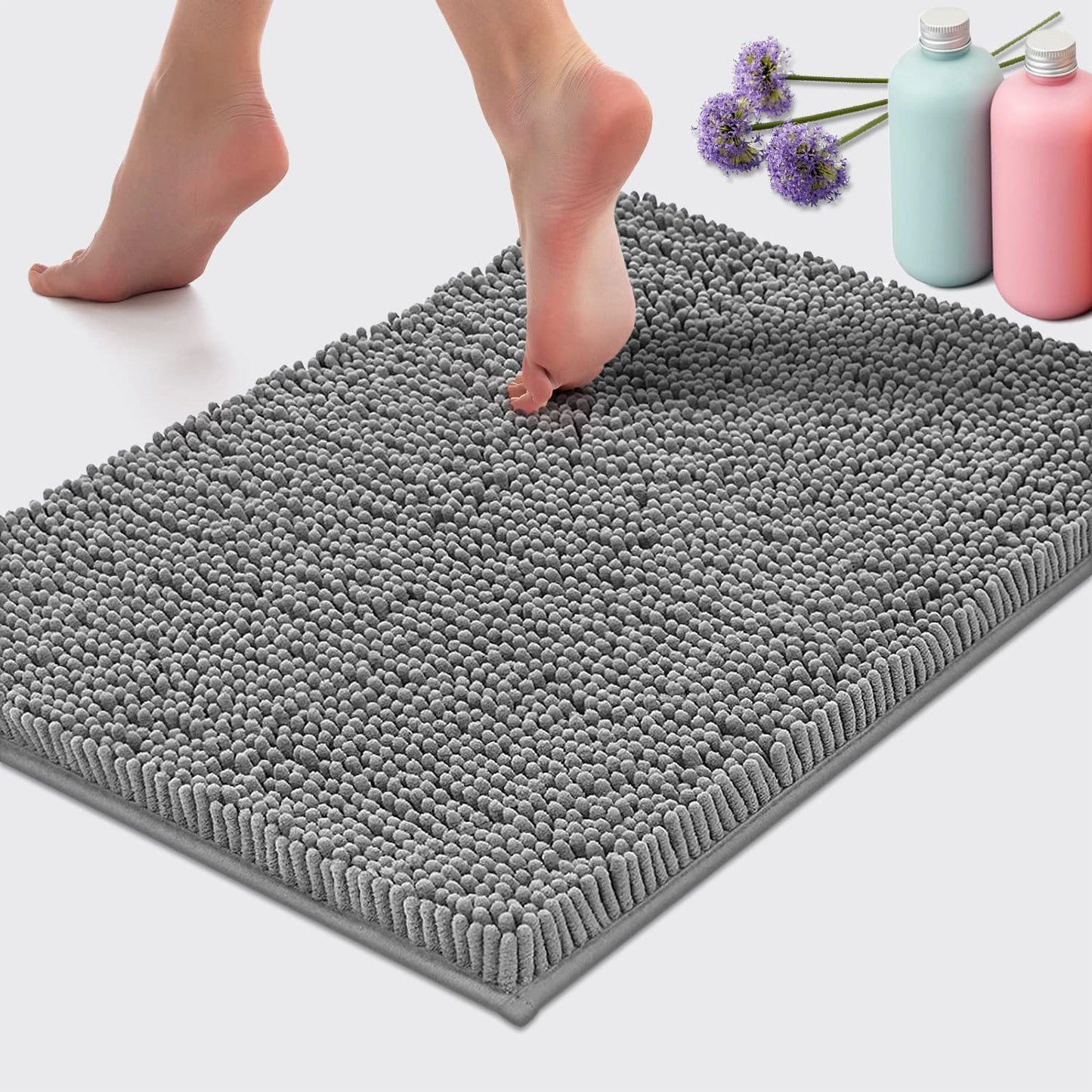 LuxUrux Bath Mat - AS-SEEN-ON-TV - Extra-Soft Plush Bath Shower Bathroom Rug, 1'' Chenille Microfiber Material, Super Absorbent Shaggy Bath Rug (Light Grey, 42 x 60 cm)