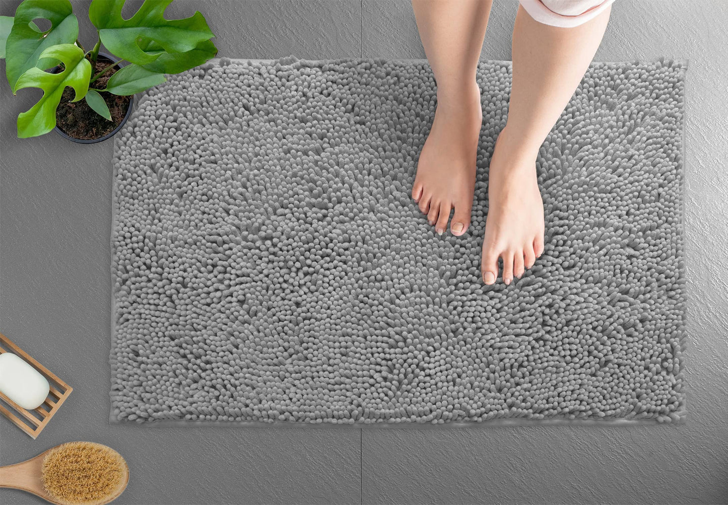 LuxUrux Bath Mat - AS-SEEN-ON-TV - Extra-Soft Plush Bath Shower Bathroom Rug, 1'' Chenille Microfiber Material, Super Absorbent Shaggy Bath Rug (Light Grey, 42 x 60 cm)